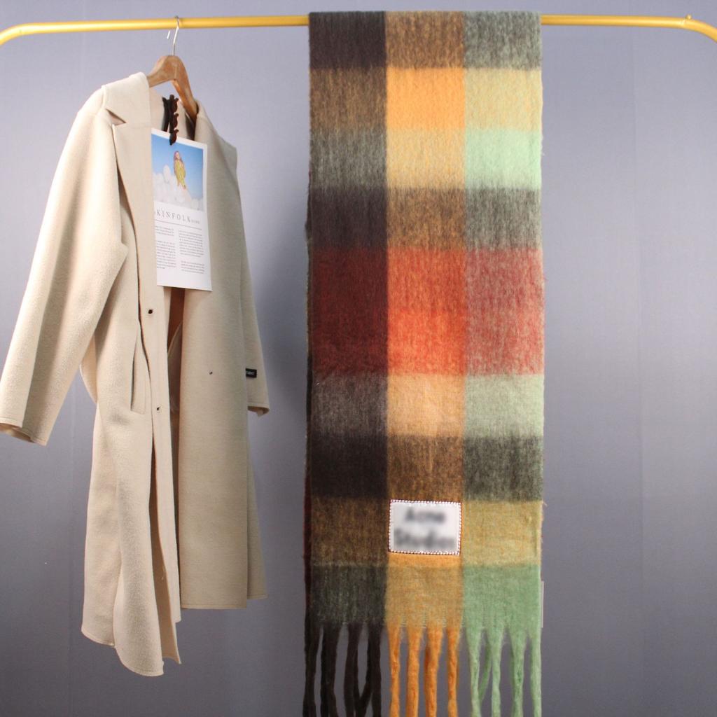 Шарф-петля из пряжи, утолщенный длинный шарф, женская теплая радужная клетчатая мохеровая шаль