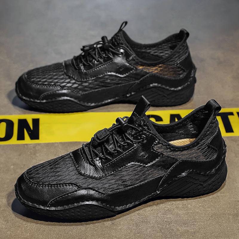 Мужская обувь из натуральной кожи, летние дышащие теннисные мужские сандалии с отверстиями для отдыха на открытом воздухе, сетчатые пляжные серые кроссовки для спорта и отдыха