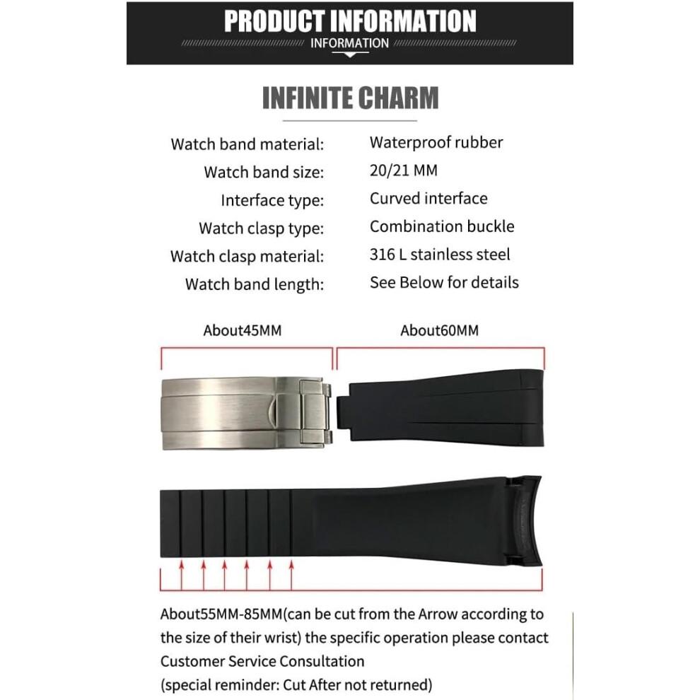Silicone watch strap with curved end, 20mm, 21mm, compatible with Rolex Submariner GMT Daytona Deep Sea Dweller Explorer 2, black 20mm black buckle.