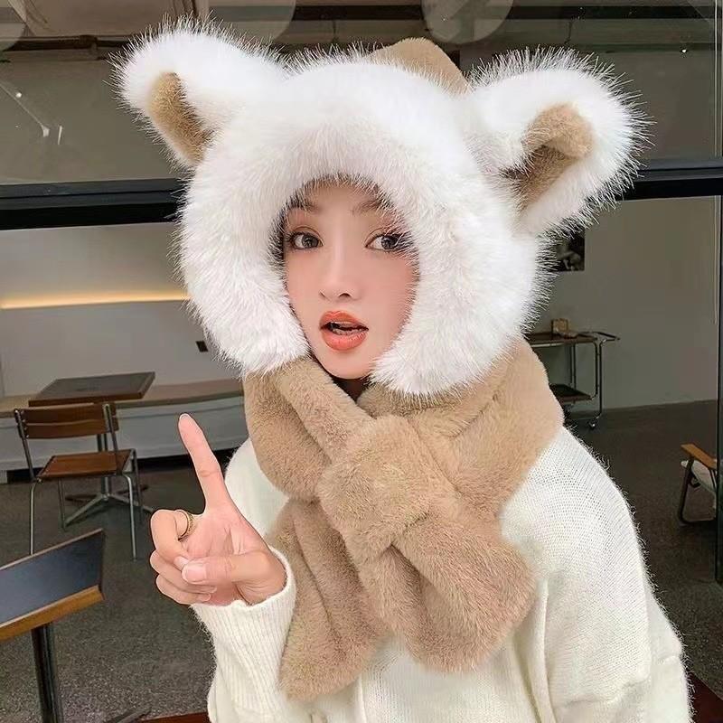 1 шт. шапка-шарф из лисьего меха, цельный женский зимний шарф с капюшоном, симпатичная защита ушей, велосипедная холодная шапка, теплая и ветрозащитная