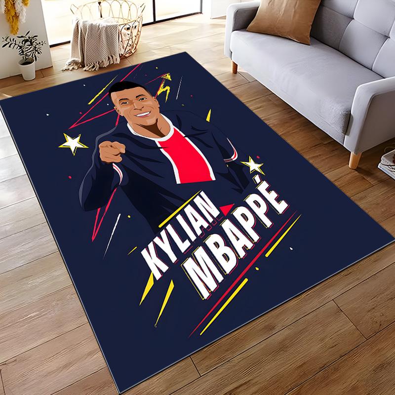 Soft Area Rug, Kylian Mbappe Pointing Forward Navy Red Stars Comic Vector, Cozy Flannel Carpet for Adult Man Cave Decor, Soccer Fan Gift