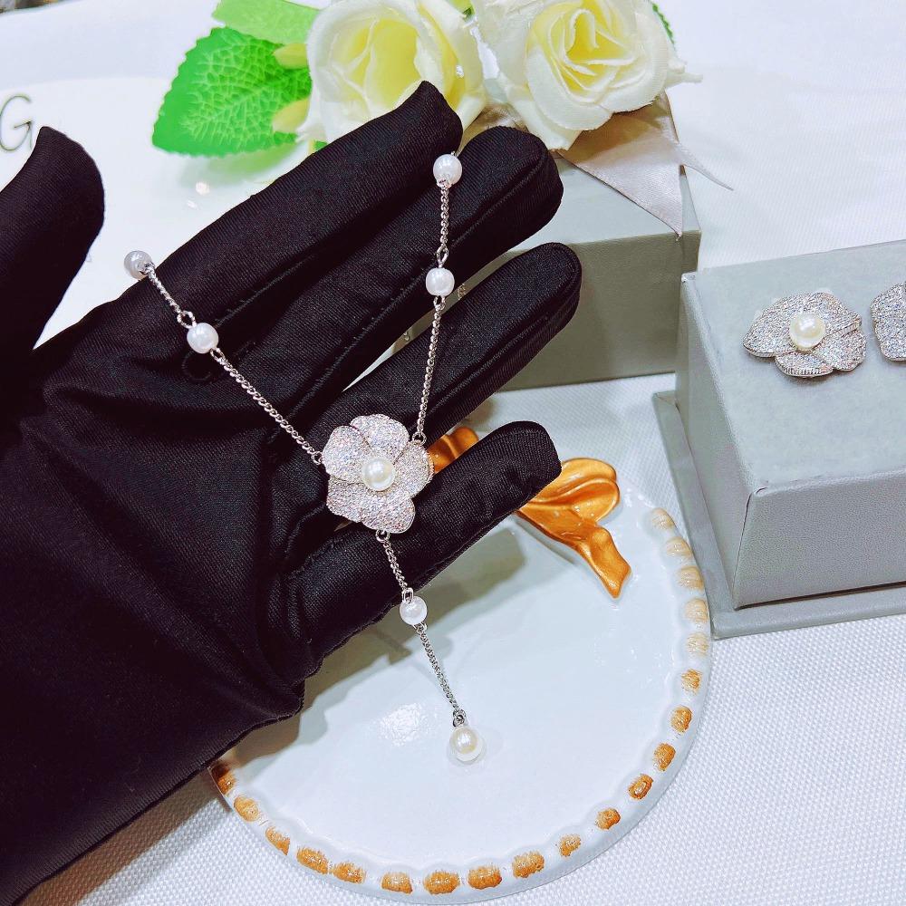 Women Jewelry Set French Luxury Pearl Camellia Flower Ring Earrings Bracelet Necklace Elegant Fashion Accessories
