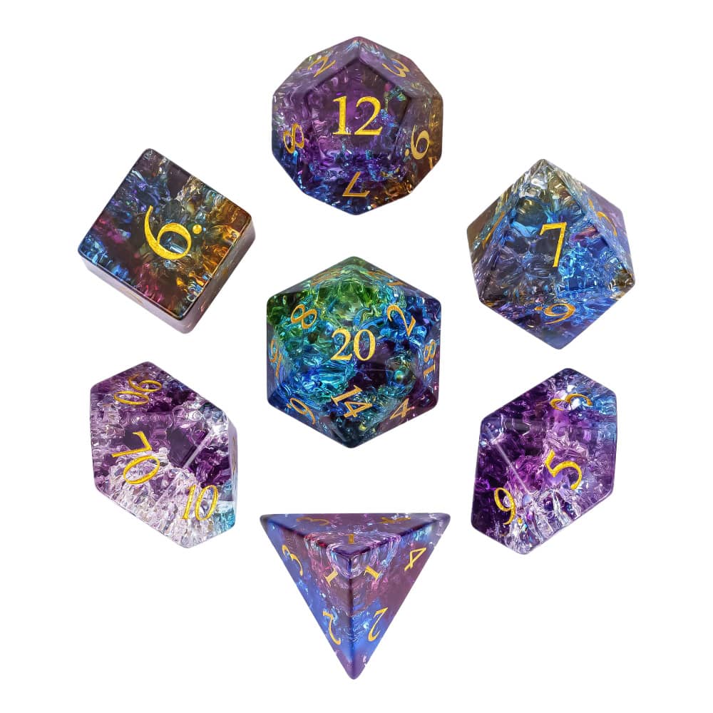Набор кубиков Cusdie Glass для D&D, 7 кубиков, ручная работа, кубики из битого стекла D4-D20, полиэдрические кубики с кожаным футляром для настольных RPG-коллекций