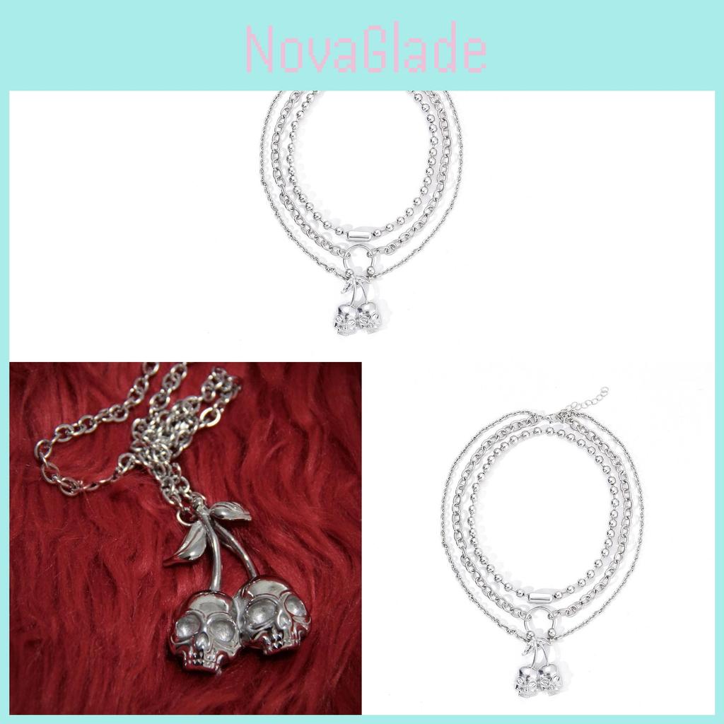 Punk Style Multilayer Skull Cherry Necklace For Women With Zinc Alloy Chain