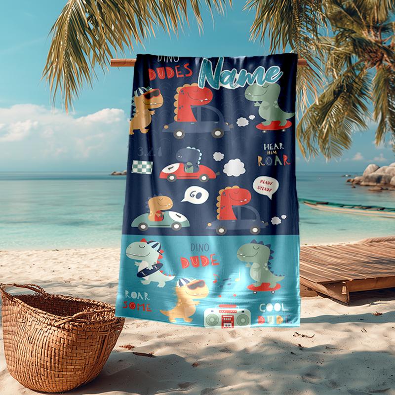 Custom Name Ultra-Soft Beach Towel with Dinosaur Theme,Ideal for Pool - Camping, Diving - Perfect Travel Essential, Vibrant Beach Towel.
