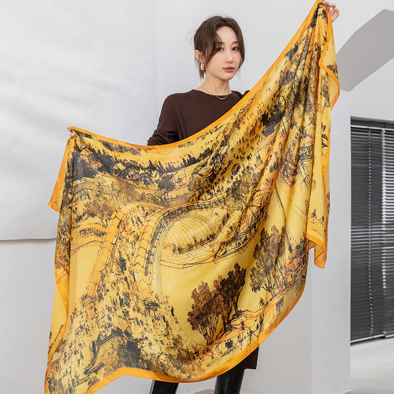 Весенне-летний тонкий атласный длинный платок в китайском стиле в стиле ретро Цинмин Шанхэ Ту Лицзин Элегантный женский солнцезащитный декоративный шелковый шарф