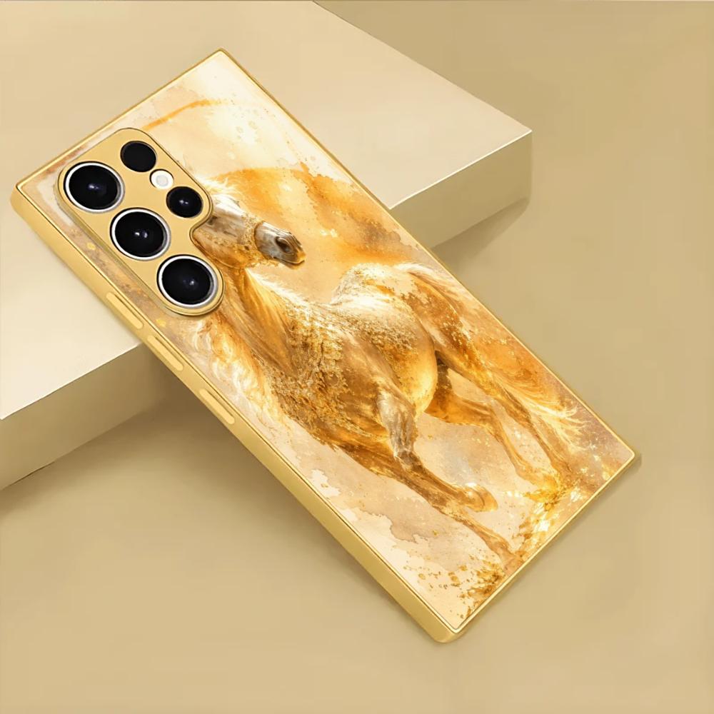 Electroplated Gold Shockproof Phone Case For Samsung Galaxy S26/S25 Edge/S24/S23 FE Ultra Featuring Lucky Golden Horse Design