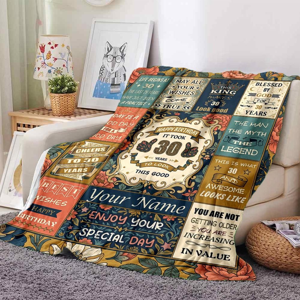 Happy 30Th Birthday Customize Your Name Blankets Comfortable Soft Lightweight Multiseason Blanket For Picnics Sofas Offices Beds Living Rooms Perfect