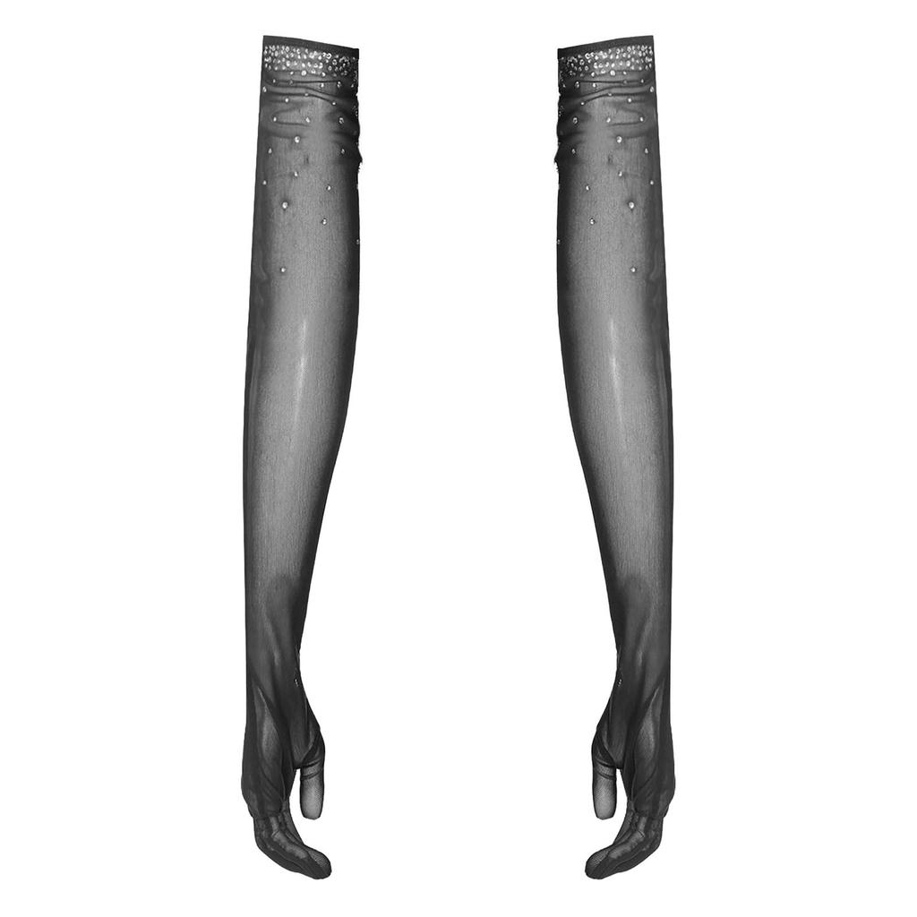 Womens One Pair Mesh Dance Gloves Glittery Rhinestones Five Finger Full Length Gloves Performance Accessory