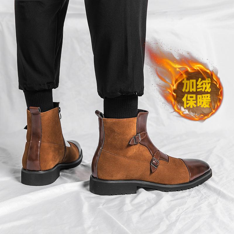 Winter Warm Plush Men's Trendy Leather Business Short Boots British Style Ankle Boot Mens Latest Trend Buckle Zip Chelsea Shoes