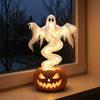 Lighted Spooky Home Decor Ghost Pumpkin Yard Lamp Halloween Resin Figurine with Warm LED Light Theme Room Swirling on Base Tabletop for Porch