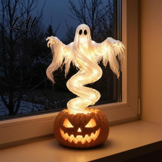 Lighted Spooky Home Decor Ghost Pumpkin Yard Lamp Halloween Resin Figurine with Warm LED Light Theme Room Swirling on Base Tabletop for Porch