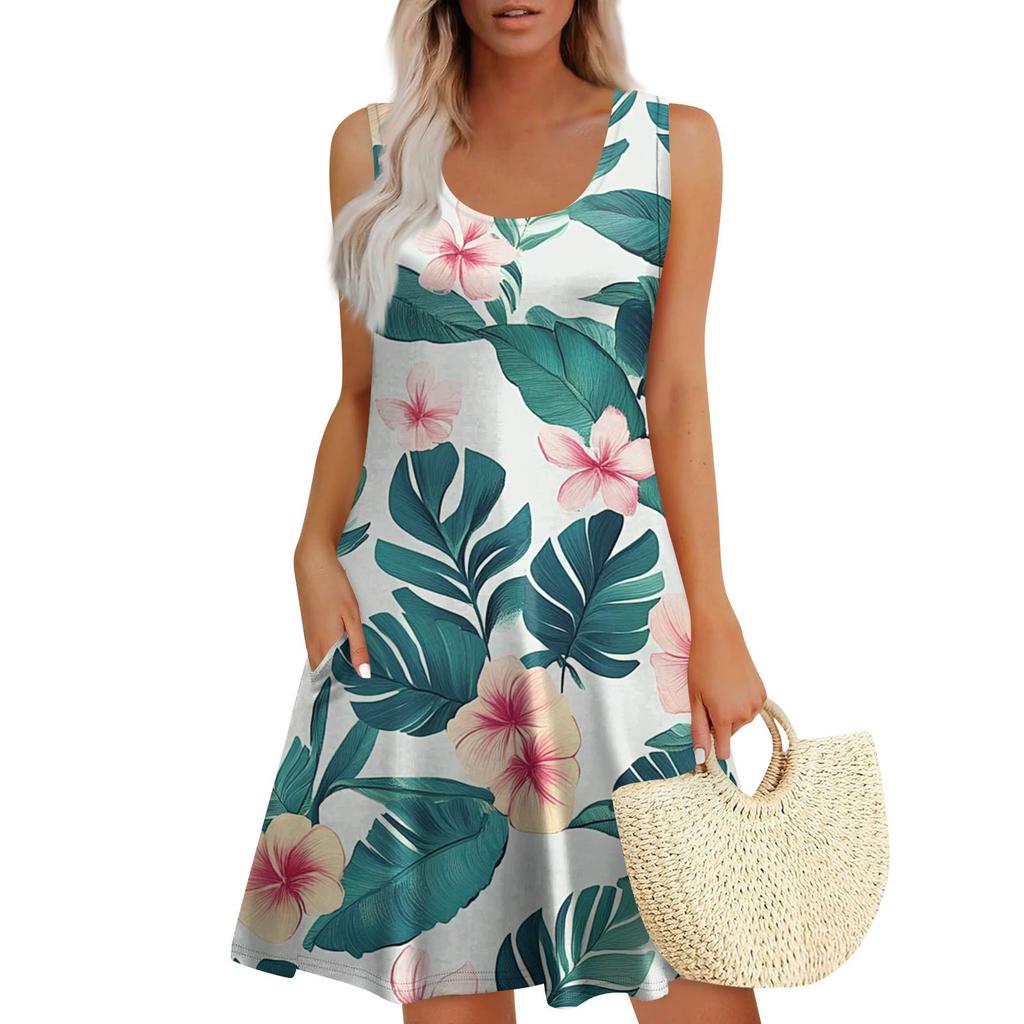 Women's Summer Casual Square Neck Floral Print Sleeveless Dress With Pockets