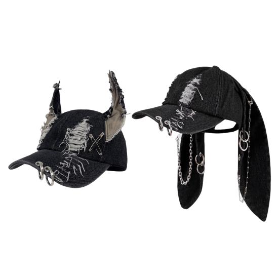 Denim Baseball Hat Adjustable Strap Distressed Design Denim Cap with 3D Bunny Ears
