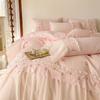 Korean Princess Style Lace Ruffles Rose Embroidery Wedding Bedding Set Duvet Cover Set Flat/Fitted Bed Sheet Pillowcases 4Pcs
