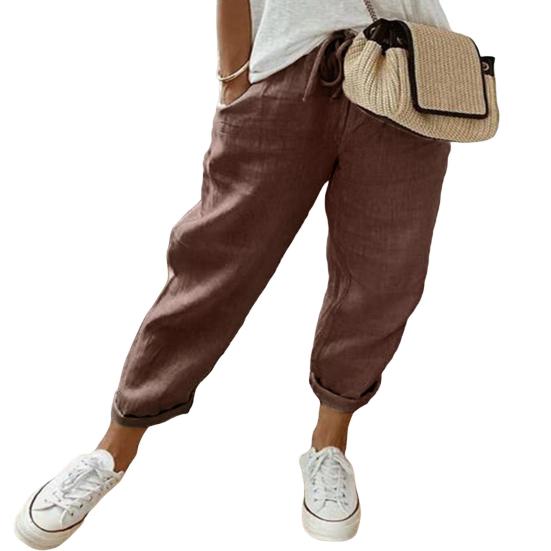 Женские повседневные брюки, однотонные свободные длинные брюки, эластичный пояс, регулируемые брюки на шнурке с карманами