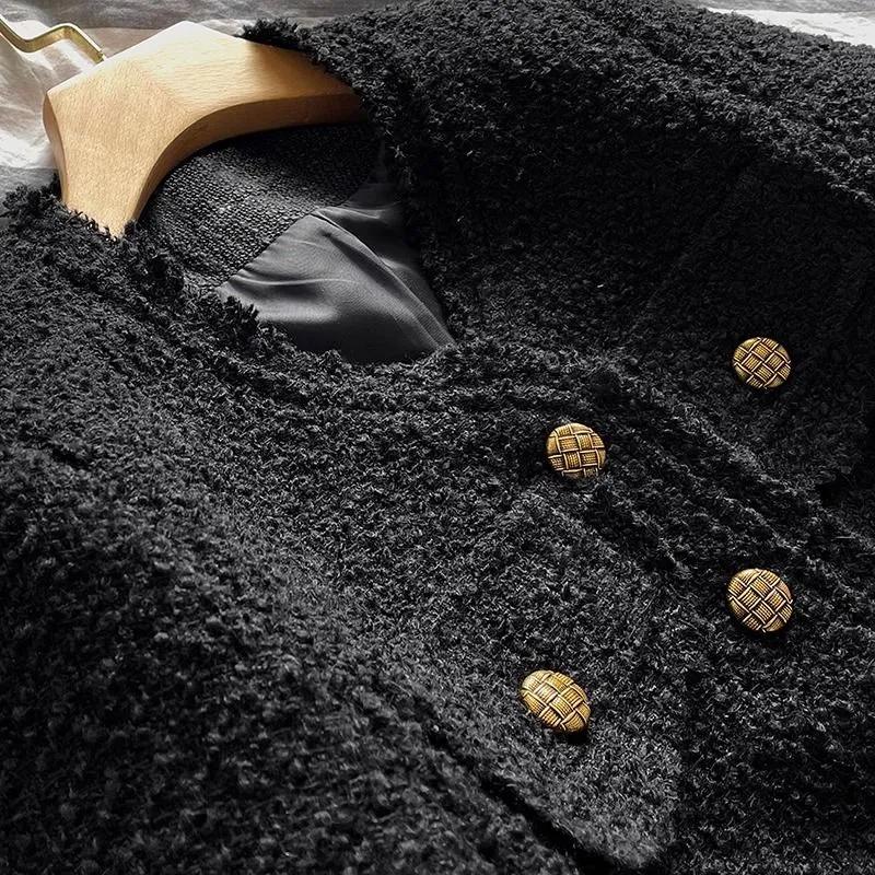 Women Spring Autumn Elegant Socialite Long Sleeve Blacktweed Style Cropped Jacket Thin Regular Crew Neck Jacket