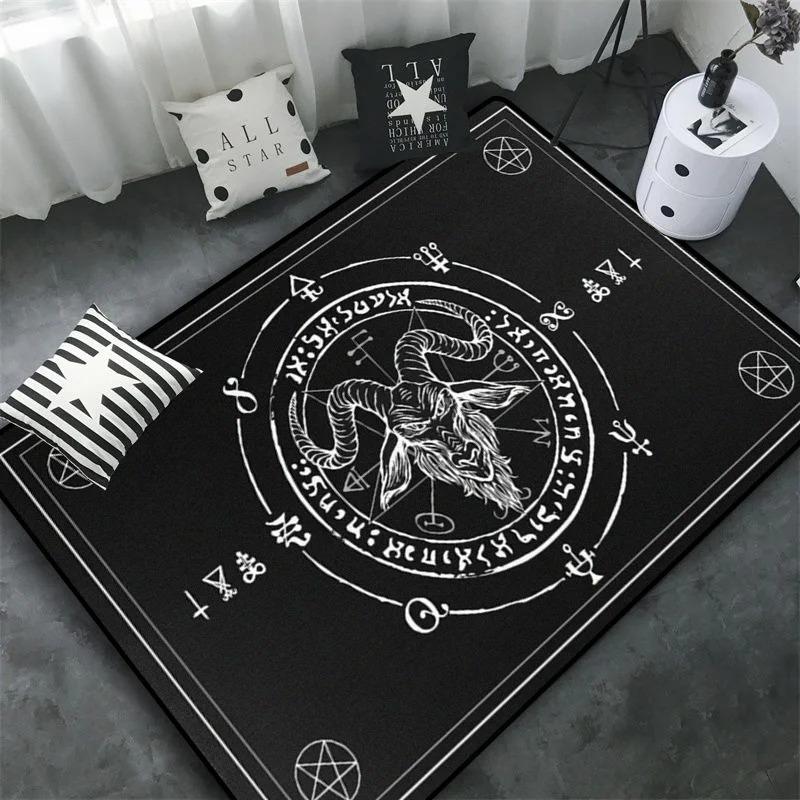 Triple Moon and Pentagram Altar or Tarot Witchy Floor Mat Black Witch Rug Gothic Decor Phases Divination Runic Carpet Gift