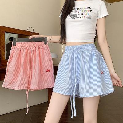 Широкие шорты с вертикальными полосками и вышитыми буквами для женщин, летние новые свободные повседневные брюки, прямые утягивающие брюки