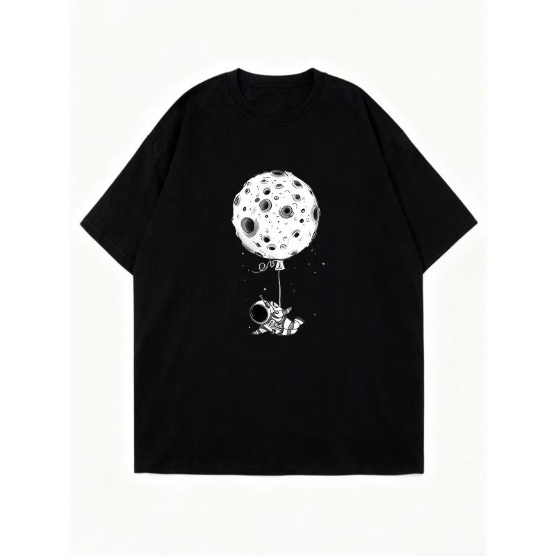 Black Oversized T Shirt With Moon Balloon And Astronaut Print For Casual Wear