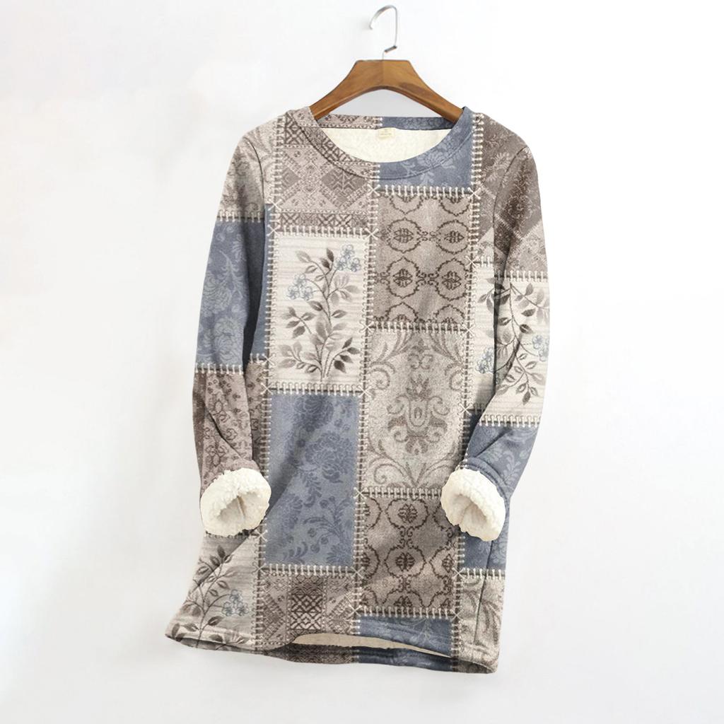 Женский топ с круглым вырезом и принтом из утолщенного плюша и кашемира, теплый длинный топ