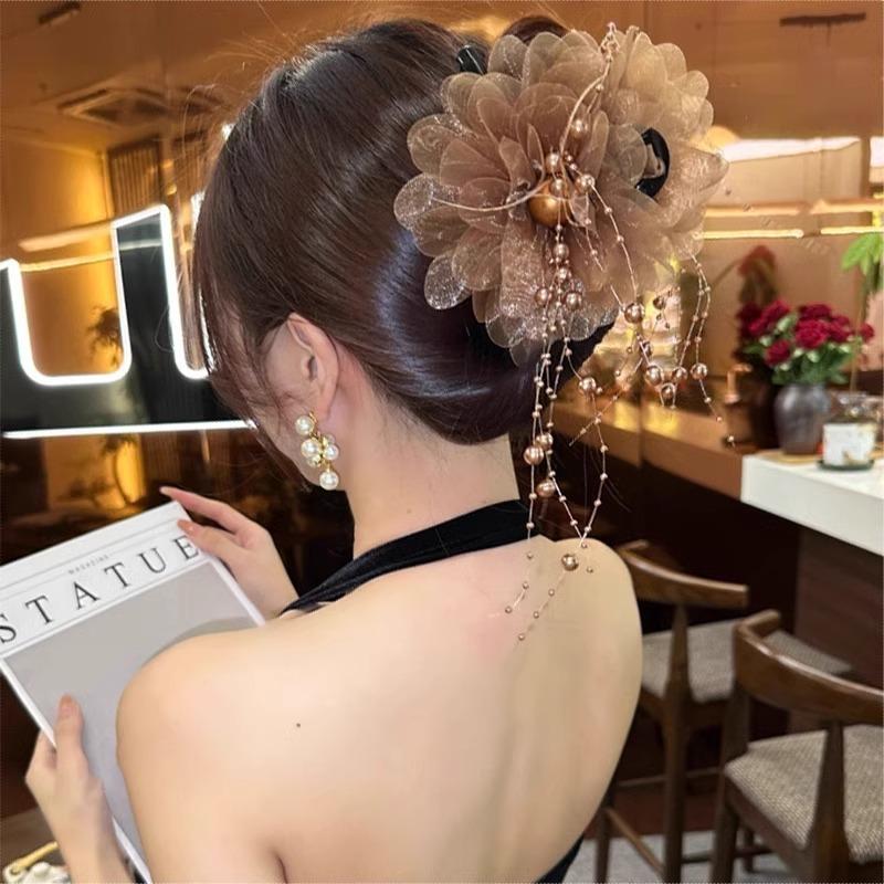 Fashion Elegant Mesh Flower Hair Claws Grab Pearl Tassel Women Shark Ponytail Hair Clips Hairpins Hair Accessories Headdress