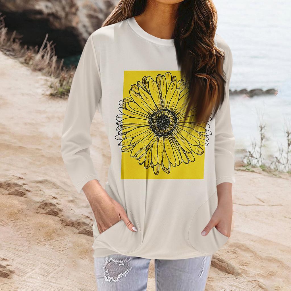 Женская модная повседневная футболка с карманом и круглым вырезом с рукавами 3/4 и топом