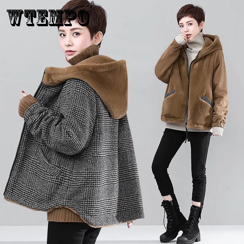 Осенне-зимнее пальто, новый продукт, бархатная двухсторонняя стеганая куртка с имитацией кролика, женская короткая свободная толстая верхняя одежда с капюшоном