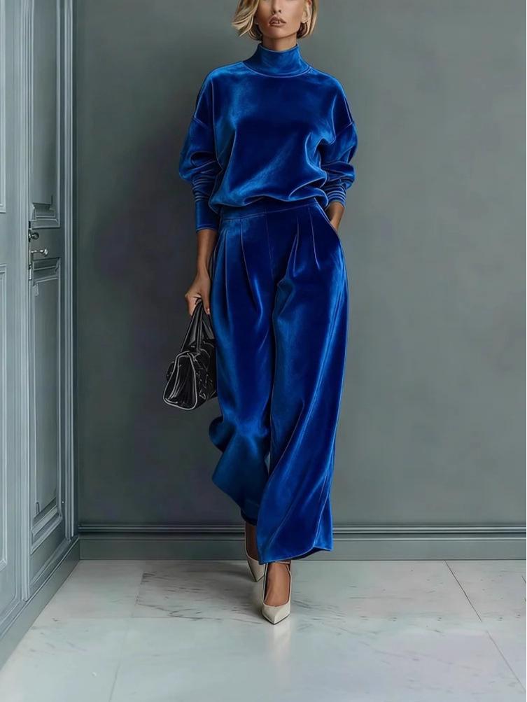 Женский двухпредметный комплект из золотистого бархата Осень/Зима 2025: Топ с длинным рукавом и брюки широкого кроя