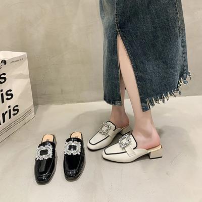 Новые модные женские туфли-мюли с кристаллами на среднем каблуке, толстые тапочки, летние роскошные шлепанцы, модные босоножки с открытой пяткой, туфли-лодочки, женские шлепанцы