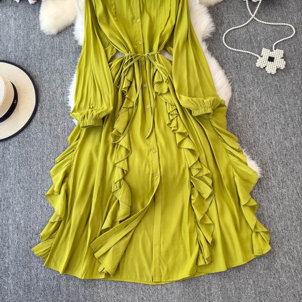 Нежный стиль, темперамент, рукава-фонарики, воротник-стойка, присборенная талия, А-силуэт, оборки по краю, шифоновое платье, элегантные большие свободные длинные платья