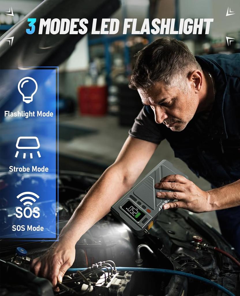 Портативный пуско-зарядное устройство 9000A с компрессором, насос для шин 150 PSI, стартер для автомобиля 12В с удлиненными кабелями