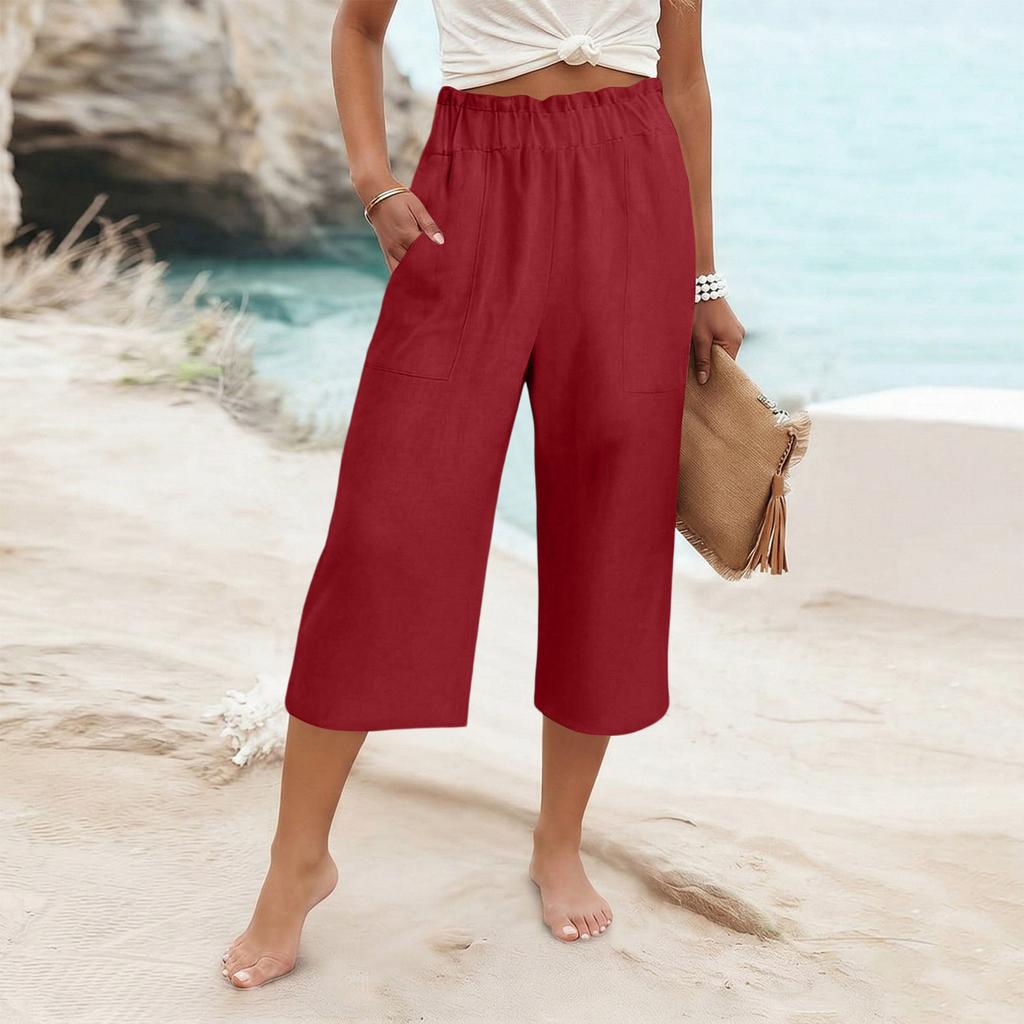 Womens Baggy Cotton Linen Pants Elastic Waist Casual Loose Summer Beach Vacation Pants