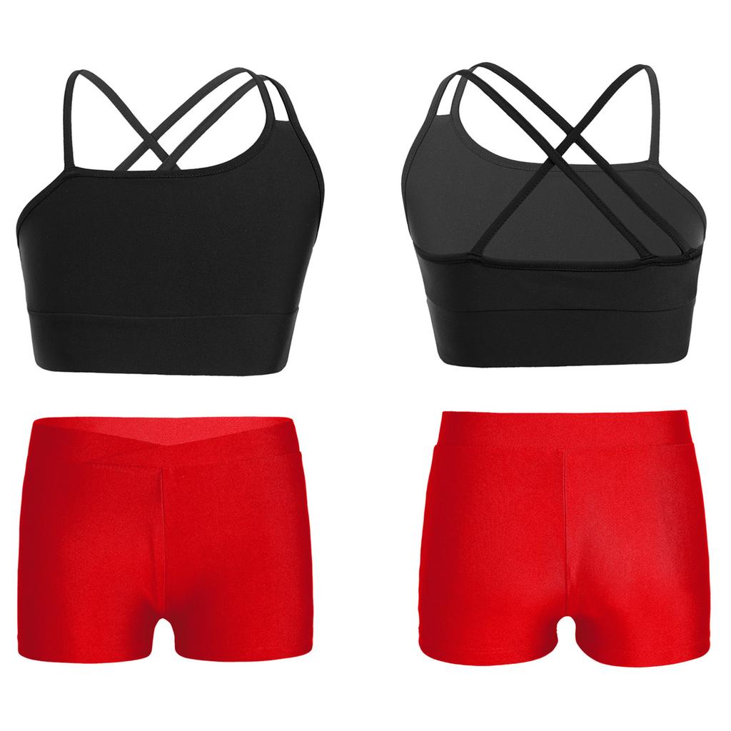 Kids Girls Asymmetrical Strappy Crop Top with Shorts for Sports Gymnastic Workout