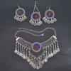 3pcs Indian Afghan Zircon Sets Necklace Earrings Hairbands for Women Boho Ethnic Coins Tassels Colorful Crystal Drop Accessory