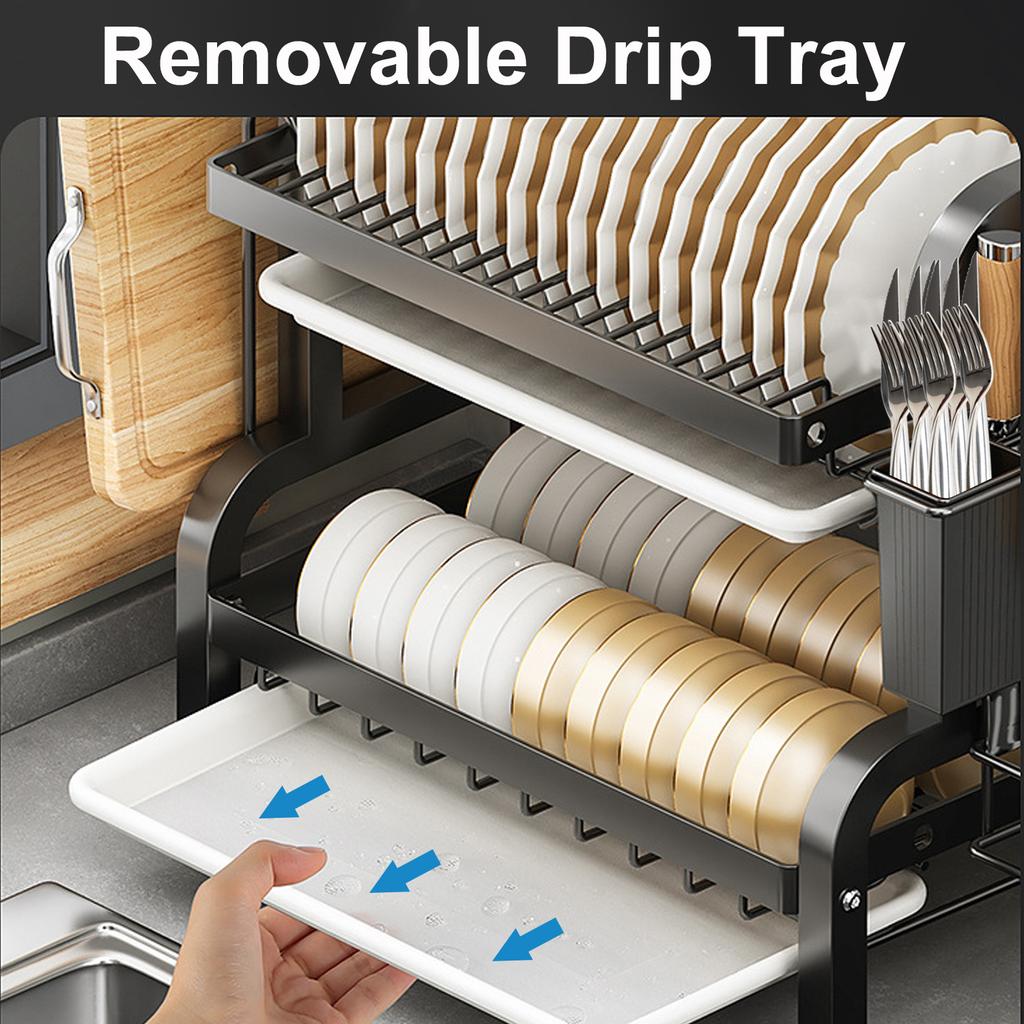 Large Dish Drying Rack for Kitchen 2-Tier Rust-Resistant Dish Rack with Utensil Holder&Cutting Board Holder Dish Drainer Black
