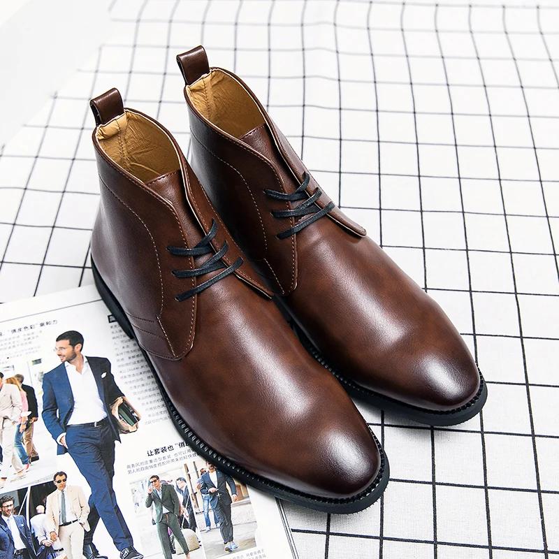 Fashion Men Ankle Boots Brown Black Blue Motorcycle Boots Lace Up Business Handmade Pu Leather Shoes for Men with