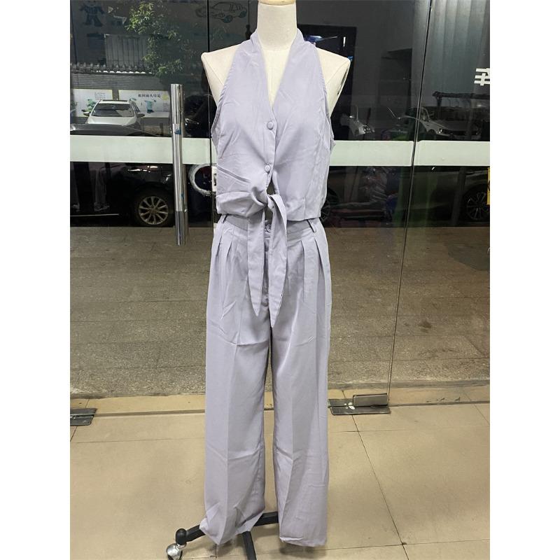 INDFS Women's Fashion Casual Summer Spring Solid Color Print Sleeveless V-Neck Blouses & Shirts Trousers Pants Suits