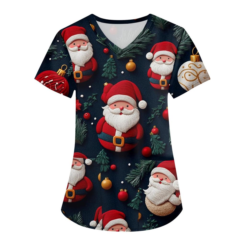 Women's Fashion V-neck Short Sleeve Workwear With Pockets Christmas Printed Tops