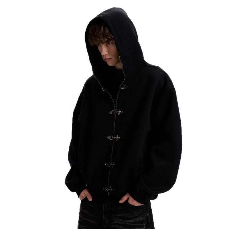 Unisex Hooded Jacket Winter Loose Fit Zipper Front With Metal Button Detail Streetwear Casual Outerwear