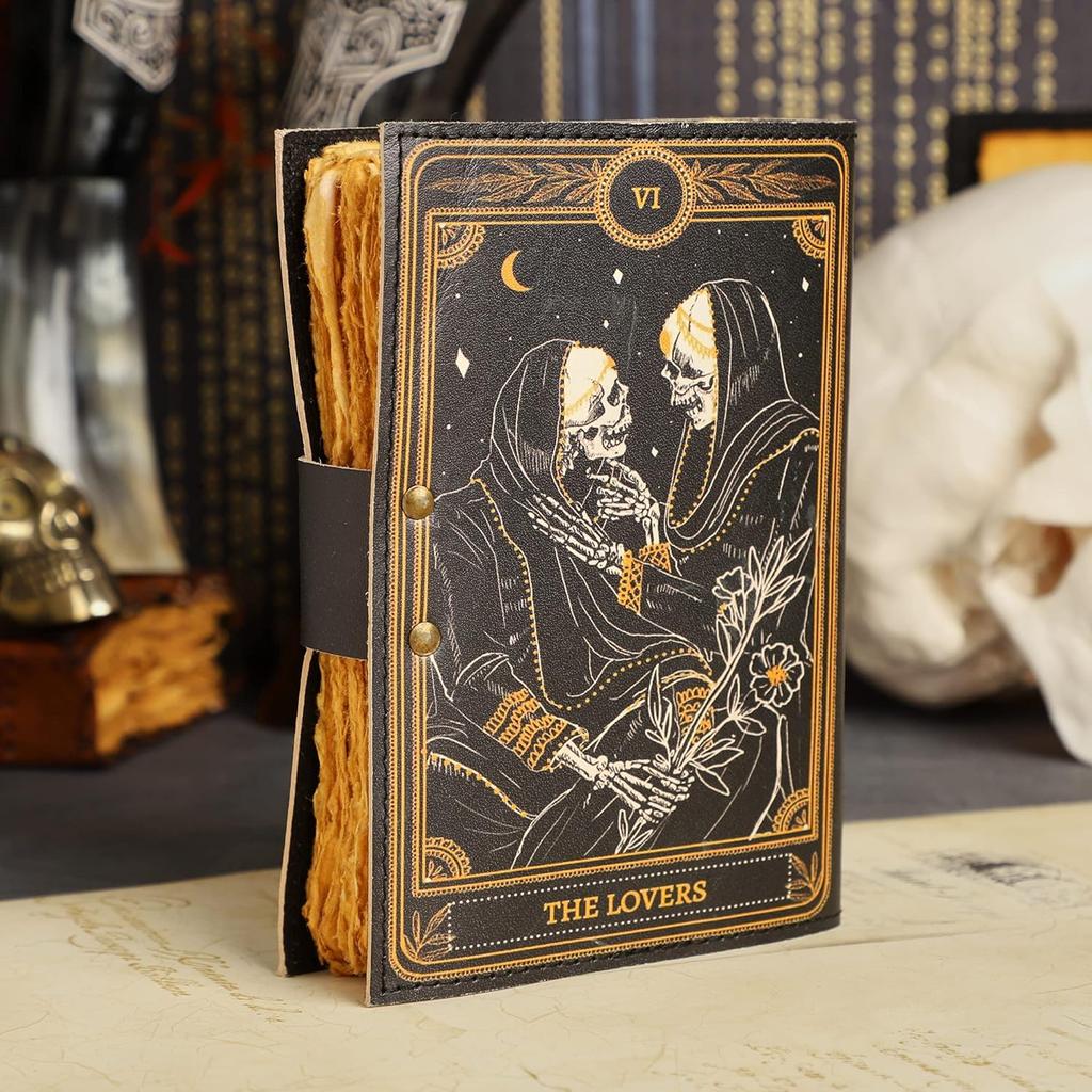 Book of Spells Leather Journal Deckle Edge Paper Journal The Lovers Tarot Notebook Spiral Gothic Notebook Skull Lover Antique Vintage Leather Journal