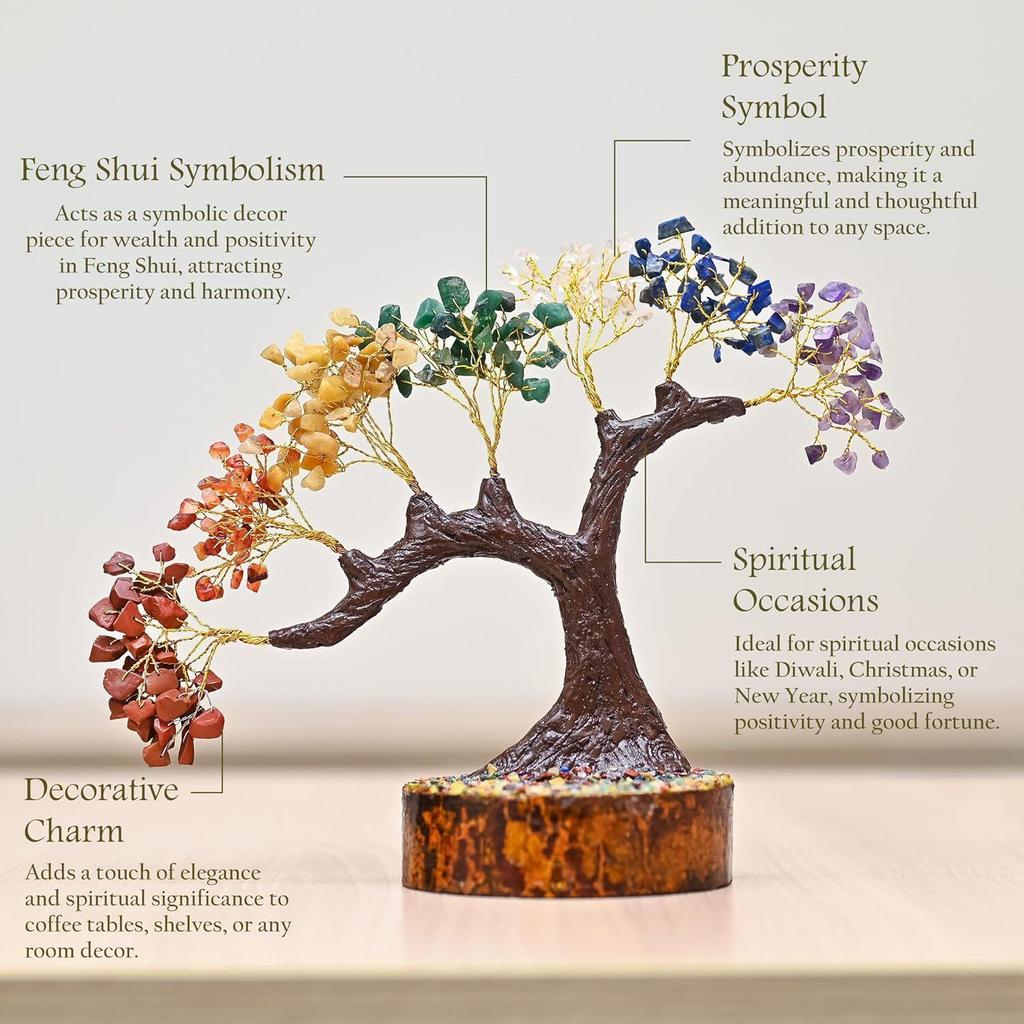 Seven Chakra Crystal Tree – Handmade Feng Shui Bonsai Tree with Natural Gemstones on Wooden Base – Decorative
