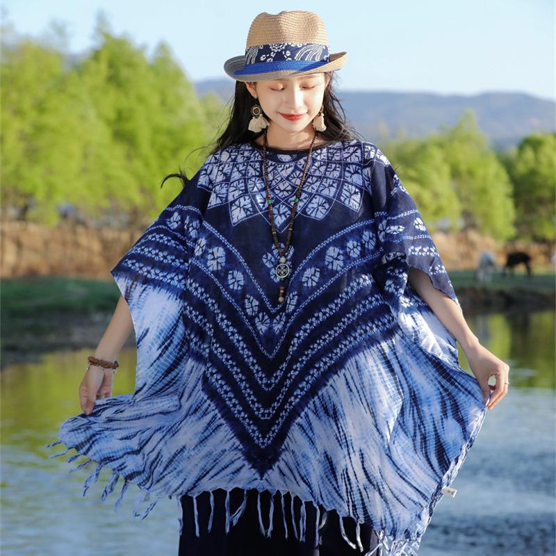 Four Season Imitation Tie Dye Printed Ethnic Style Scarf, Women'S Retro Famous Ethnic Style Blue And White Porcelain Sunscreen Cloak, Large Shawl