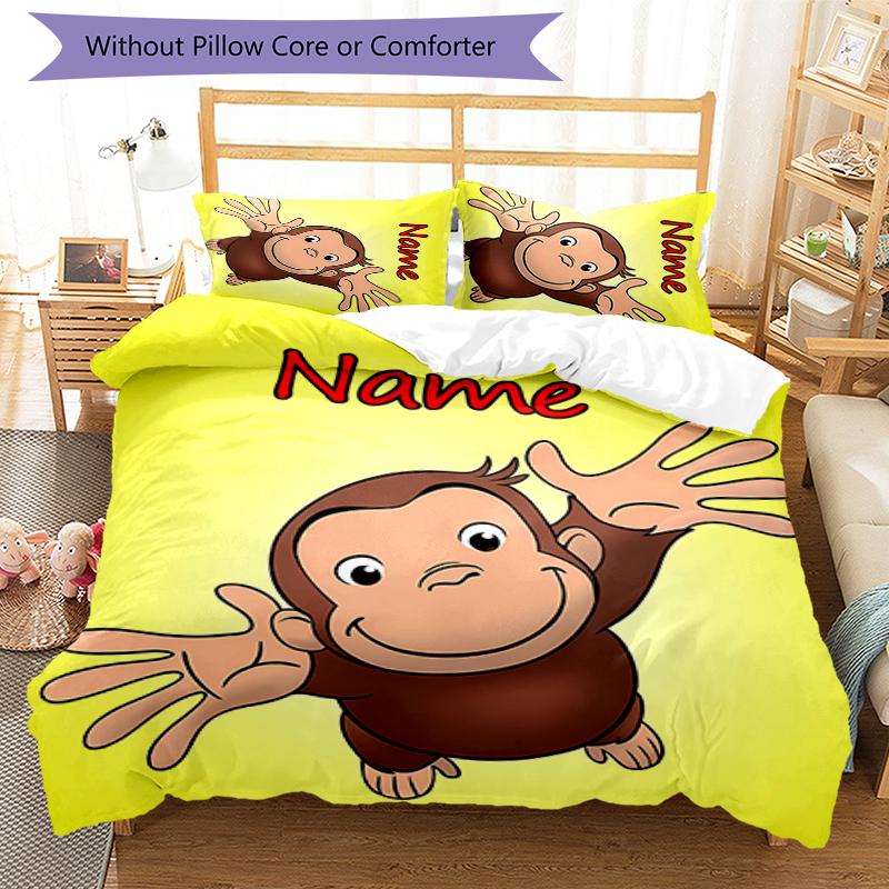 3pcs Custom Name Curious George Bedding Set Duvet Cover Closure Includes 1 Duvet Cover & 2 Pillowcases for All Seasons Bedroom Decor