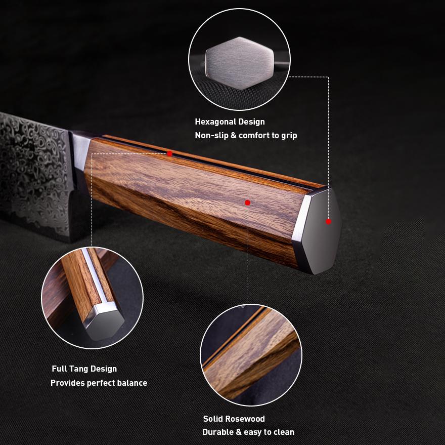 8 Inch Kiritsuke Knife 67-layer Damascus VG-10 Steel Blade Chef Slicing Cleaver Japanese Kitchen Knife Hexagonal Rosewood Handle