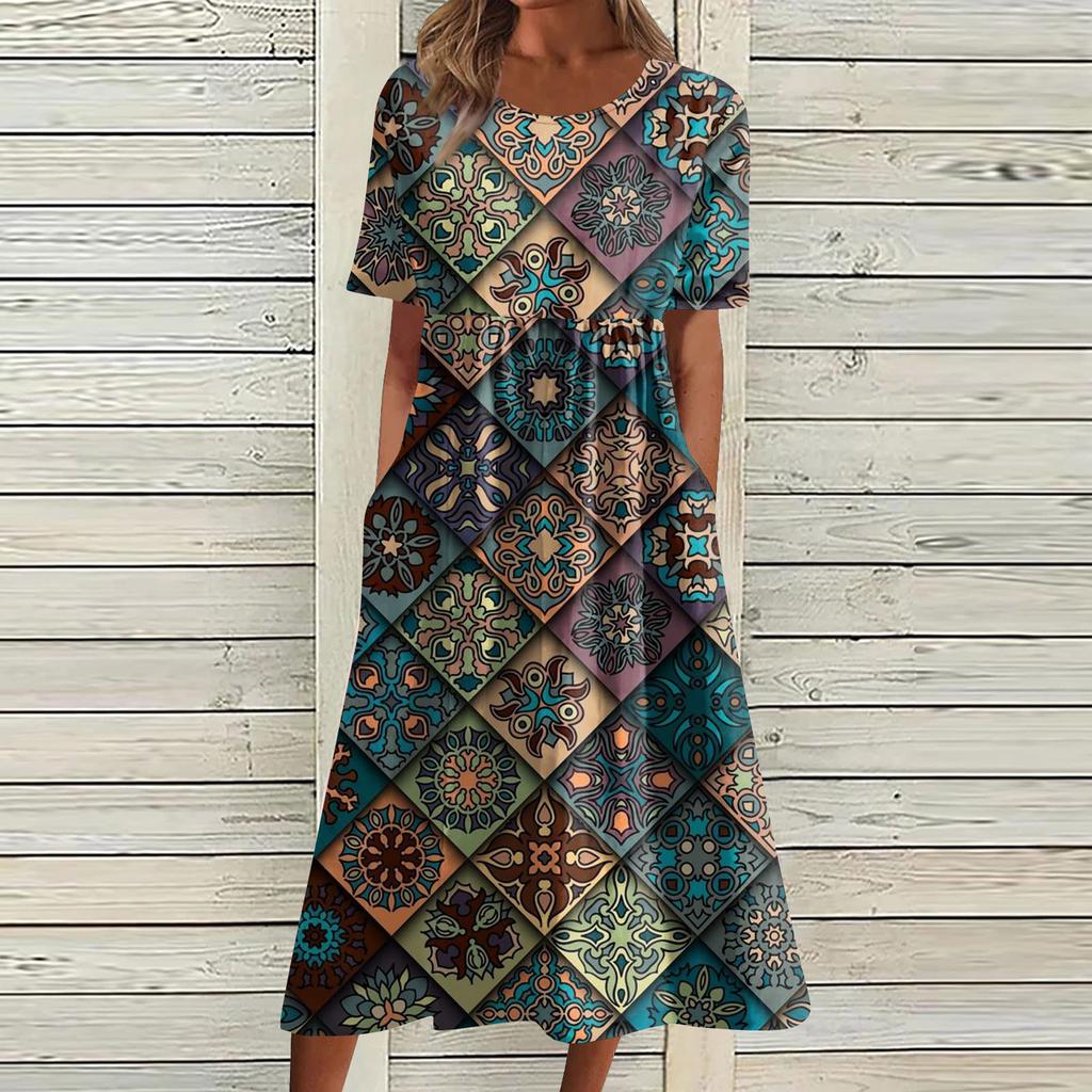 Жен. Повседневные платья Платья с принтами Летние платья С принтами Плиссированные платья-миди с круглым вырезом Классический Классический На открытом воздухе Повседневные С короткими рукавами Свободные платья