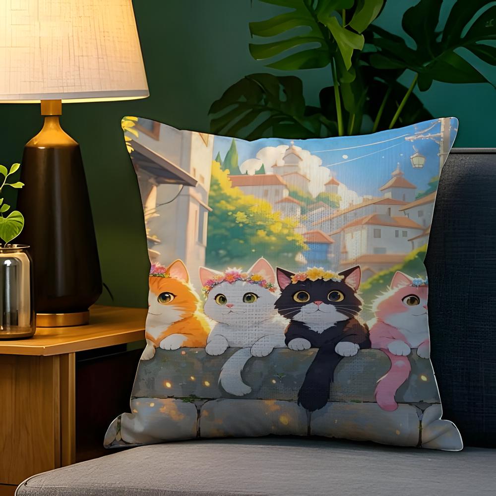 Spring Sunshine Cat Illustrations  Pillow Case Natural Linen Pillow Case DoubleSided Decor Sofa Pillowcase Home Decor
