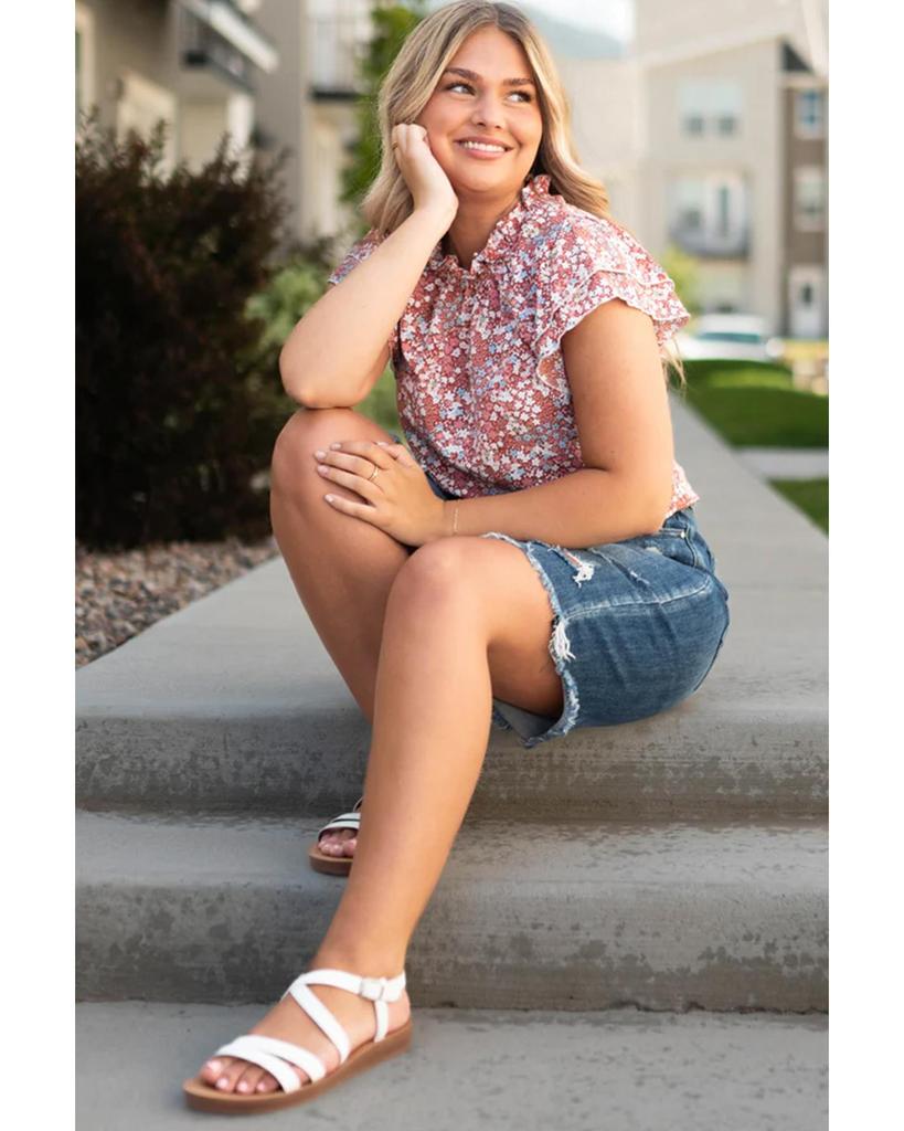 Azura Exchange Pink Plus Size Floral Print Ruffled Sleeve Frilled Neck Blouse