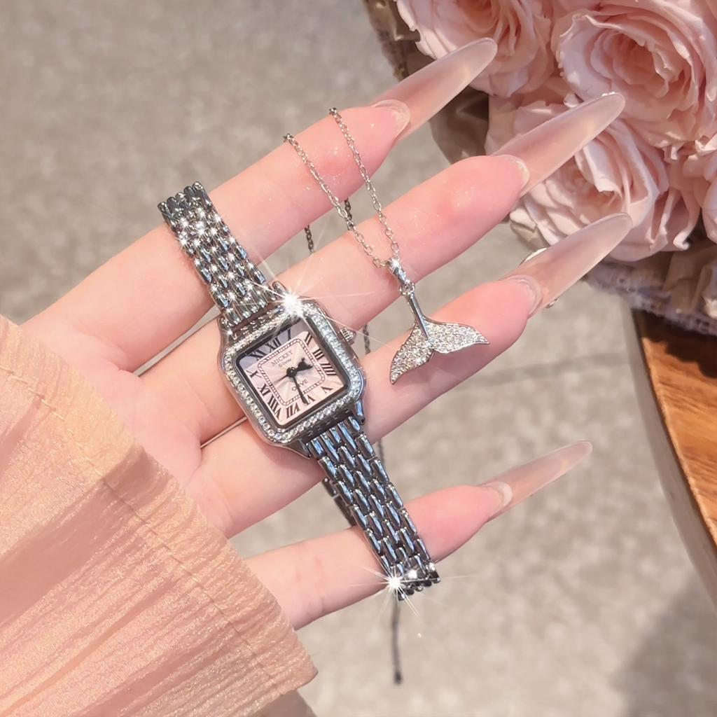 Disney Retro Roman Daily Versatile Starry Sky Commuter Original Design Niche High-End Square Quartz Watch Women watches Silver MK-11784W
