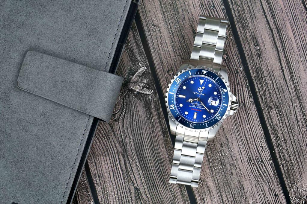 Автоматические дайверские часы ENRIVA с отображением даты, 100 АТМ, синие